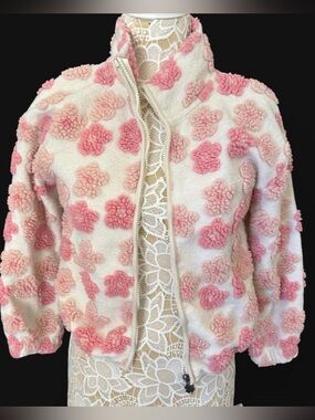 Lucky Brand Cream Sherpa Jacket with Pink Floral Pom Details
